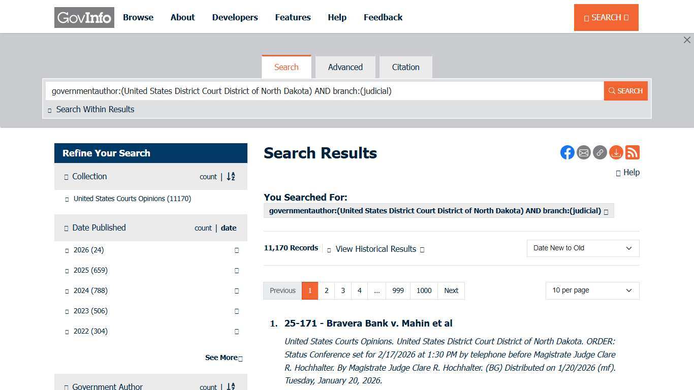 governmentauthor:(United States District Court District of North Dakota) AND branch:(judicial) Search Results Govinfo