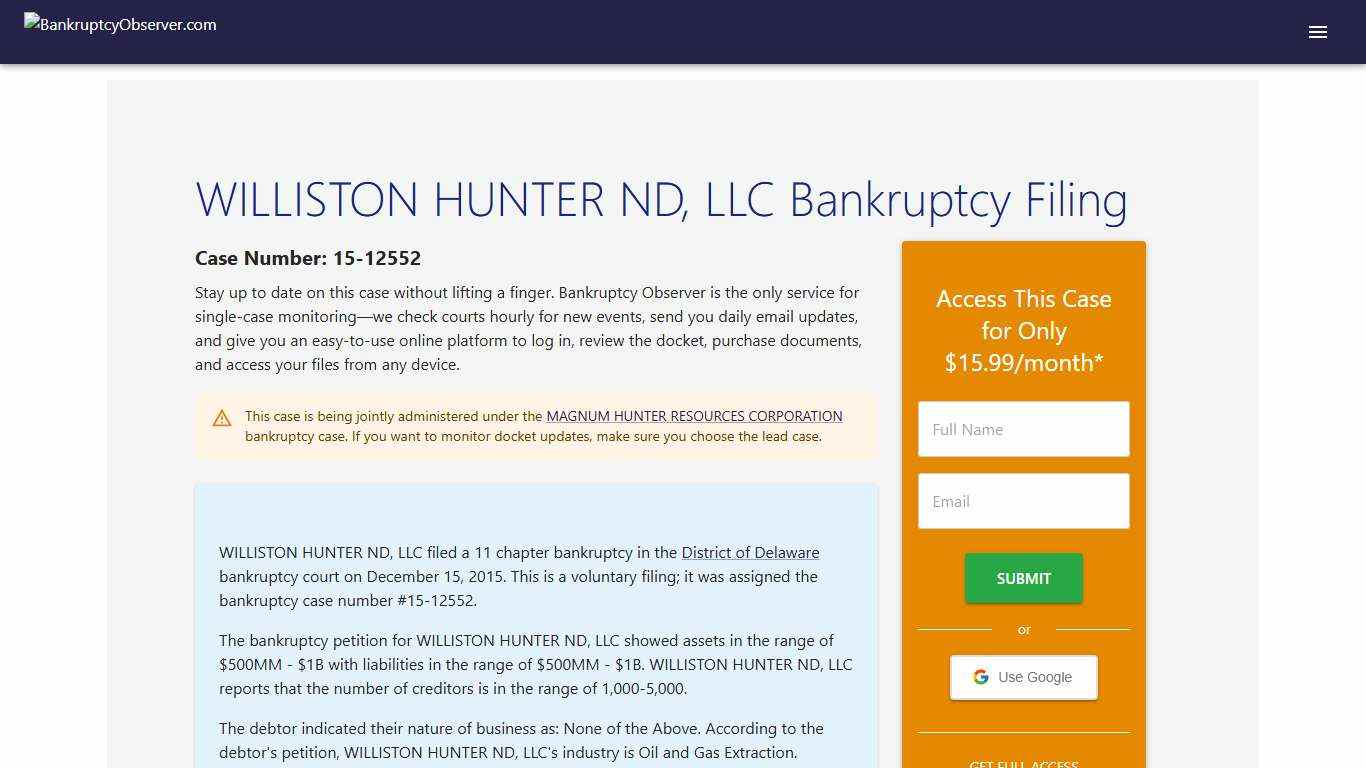 WILLISTON HUNTER ND, LLC Bankruptcy Case in District of Delaware - Court Records Monitoring